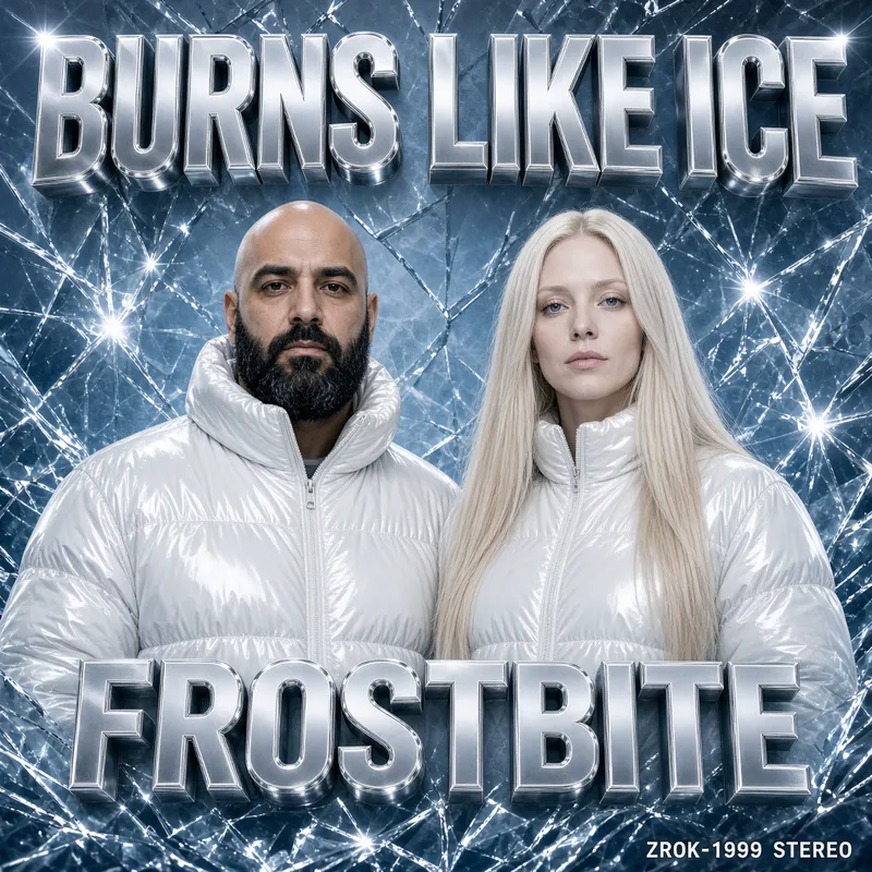 Frostbite album cover: Blaze and Crystal in matching icy-white puffer jackets over a shattered-ice background.