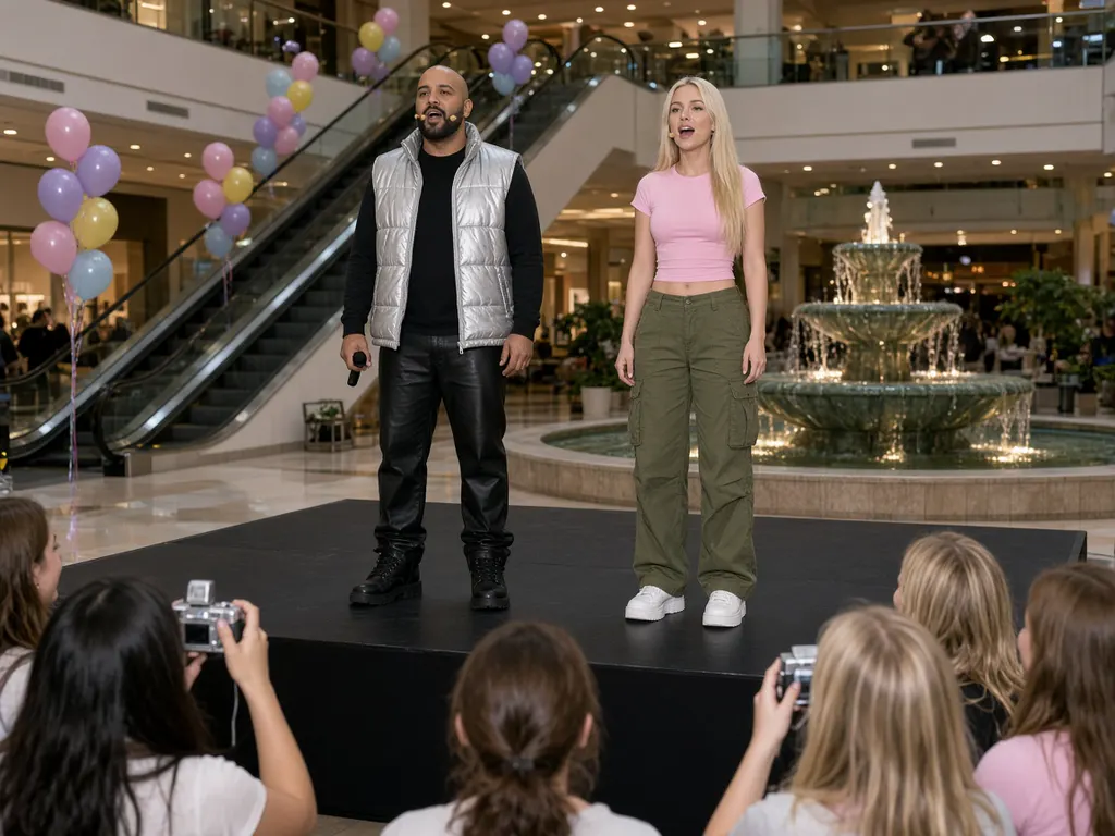 The duo performing on a small stage by a mall fountain, Blaze in a silver puffer vest with a microphone, fans holding disposable cameras.