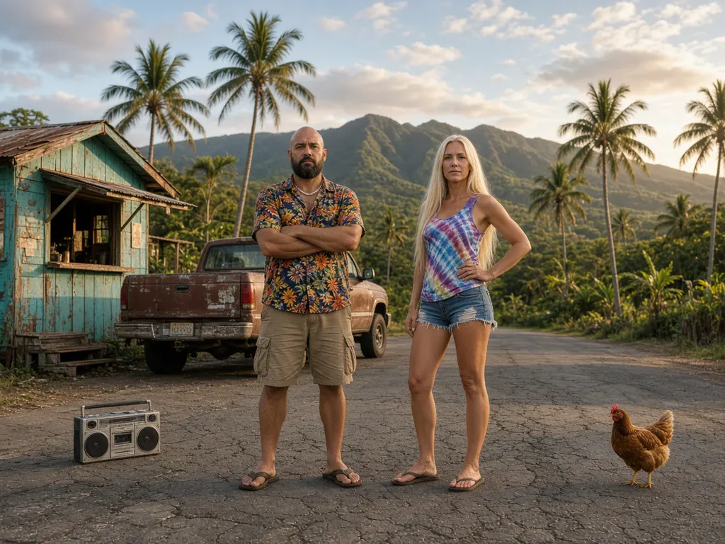 Blaze and Crystal, eye to eye at 5′10″ each, posing tough on a sleepy Maui road beside a rusty pickup, a boombox and a curious chicken.